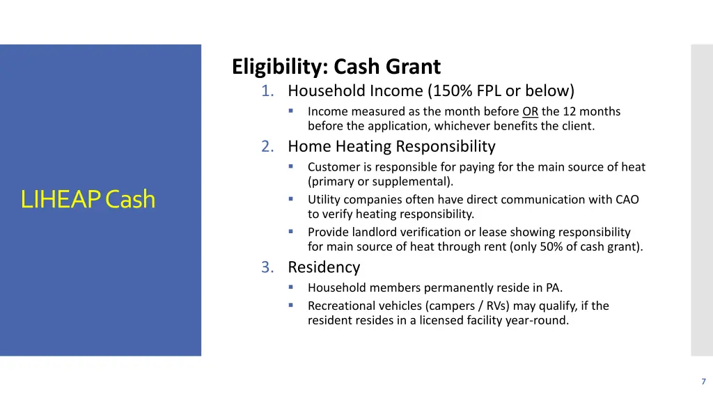 eligibility cash grant 1 household income