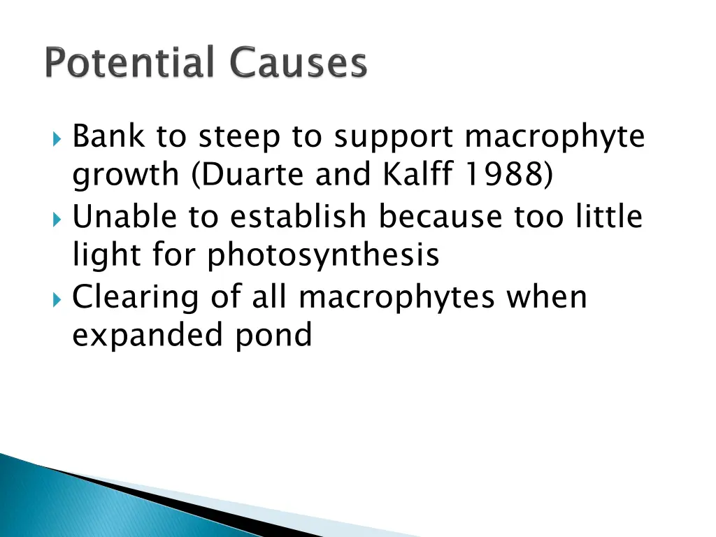 bank to steep to support macrophyte growth duarte