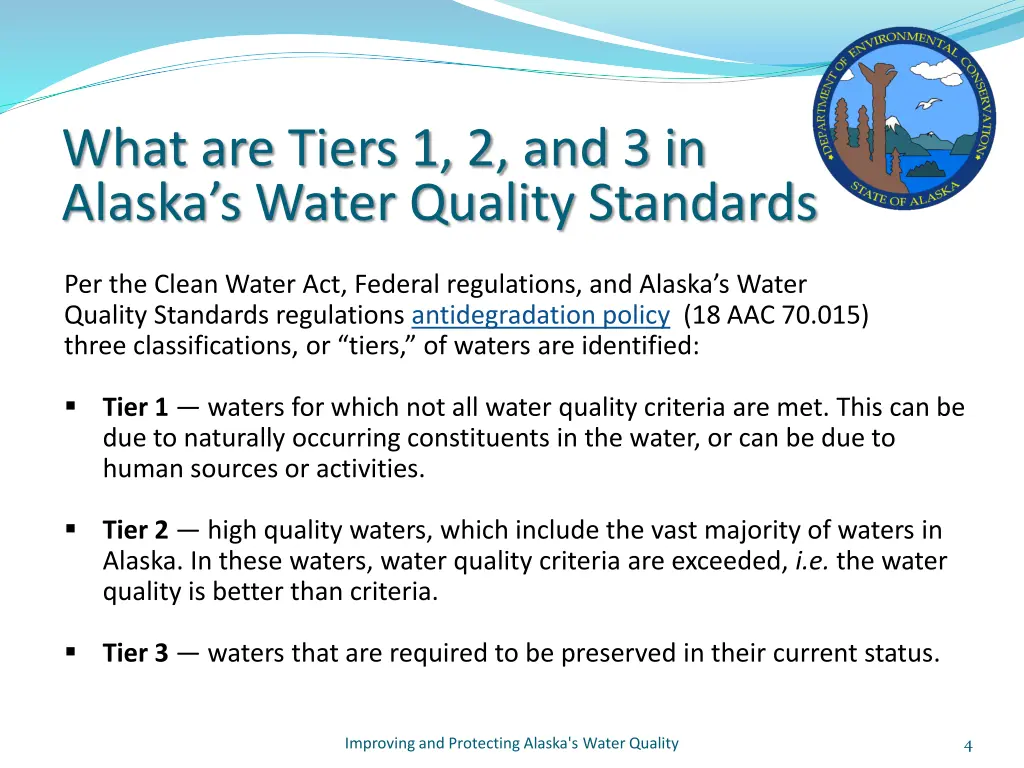 what are tiers 1 2 and 3 in alaska s water