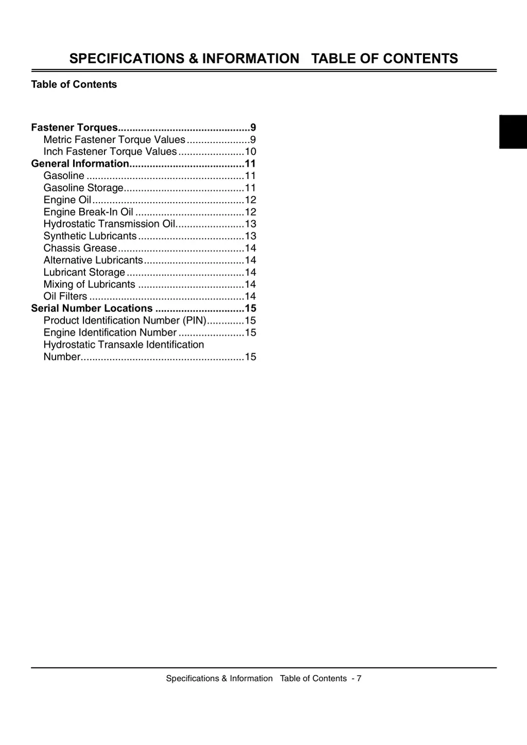 specifications information table of contents