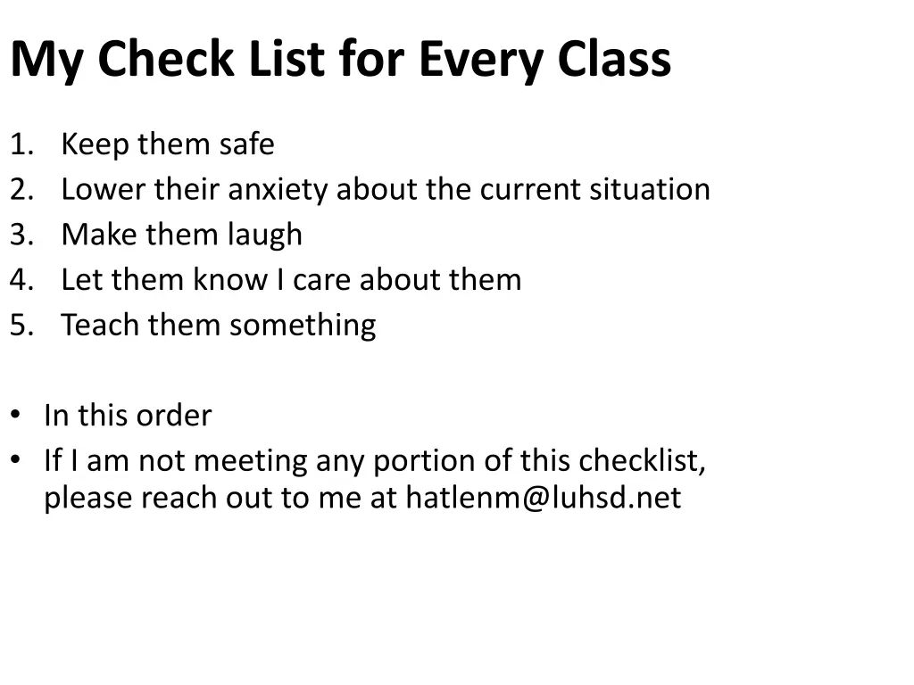 my check list for every class 1