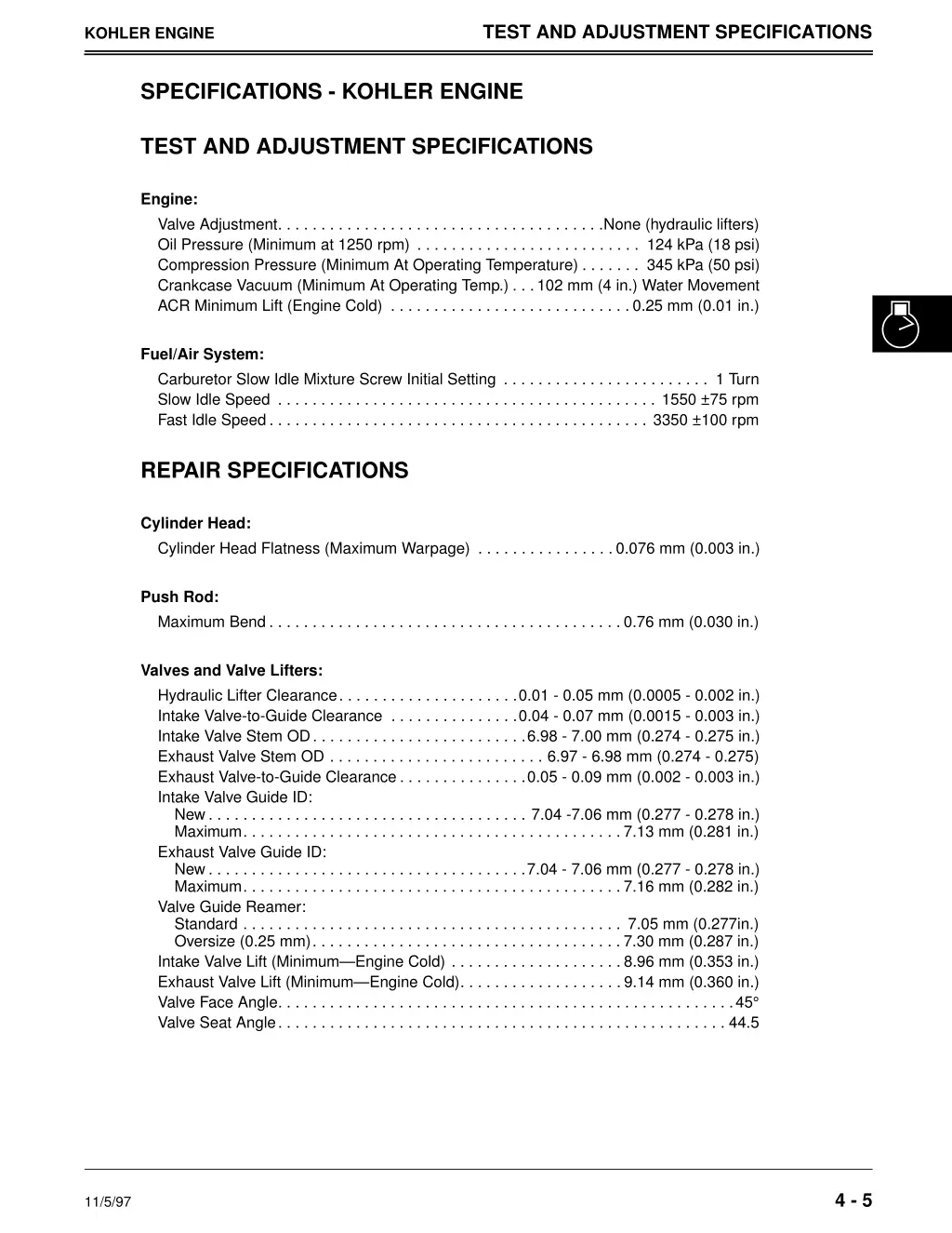 test and adjustment specifications