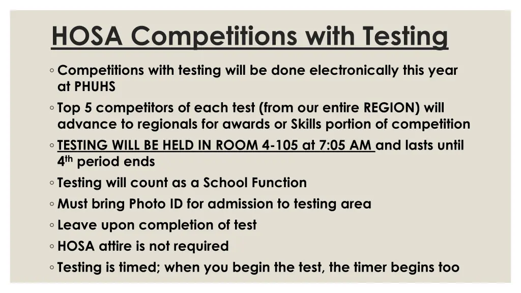 hosa competitions with testing