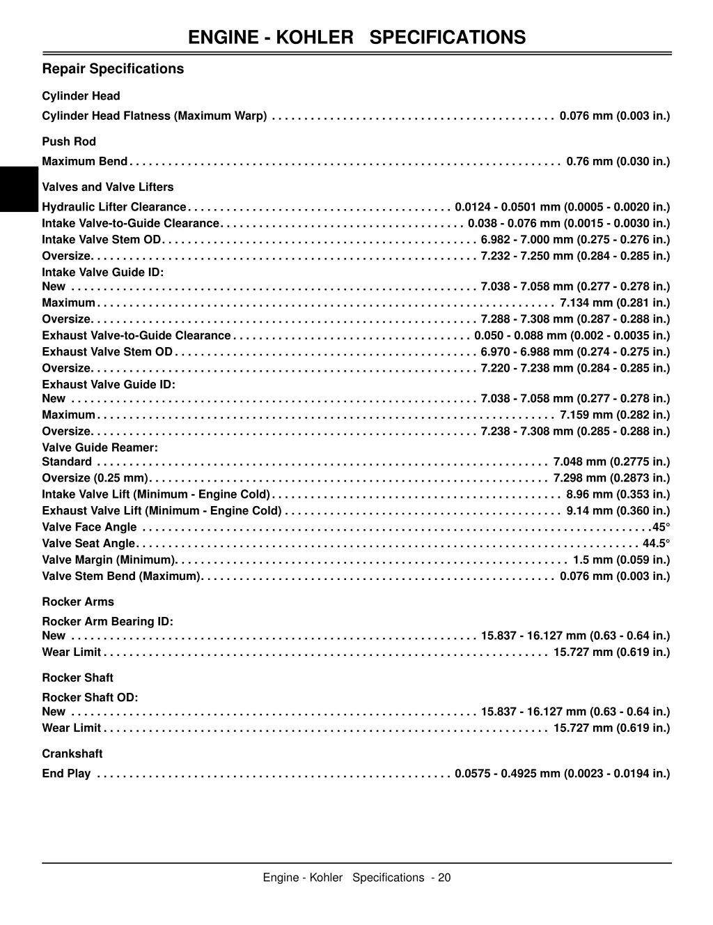 engine kohler specifications 1