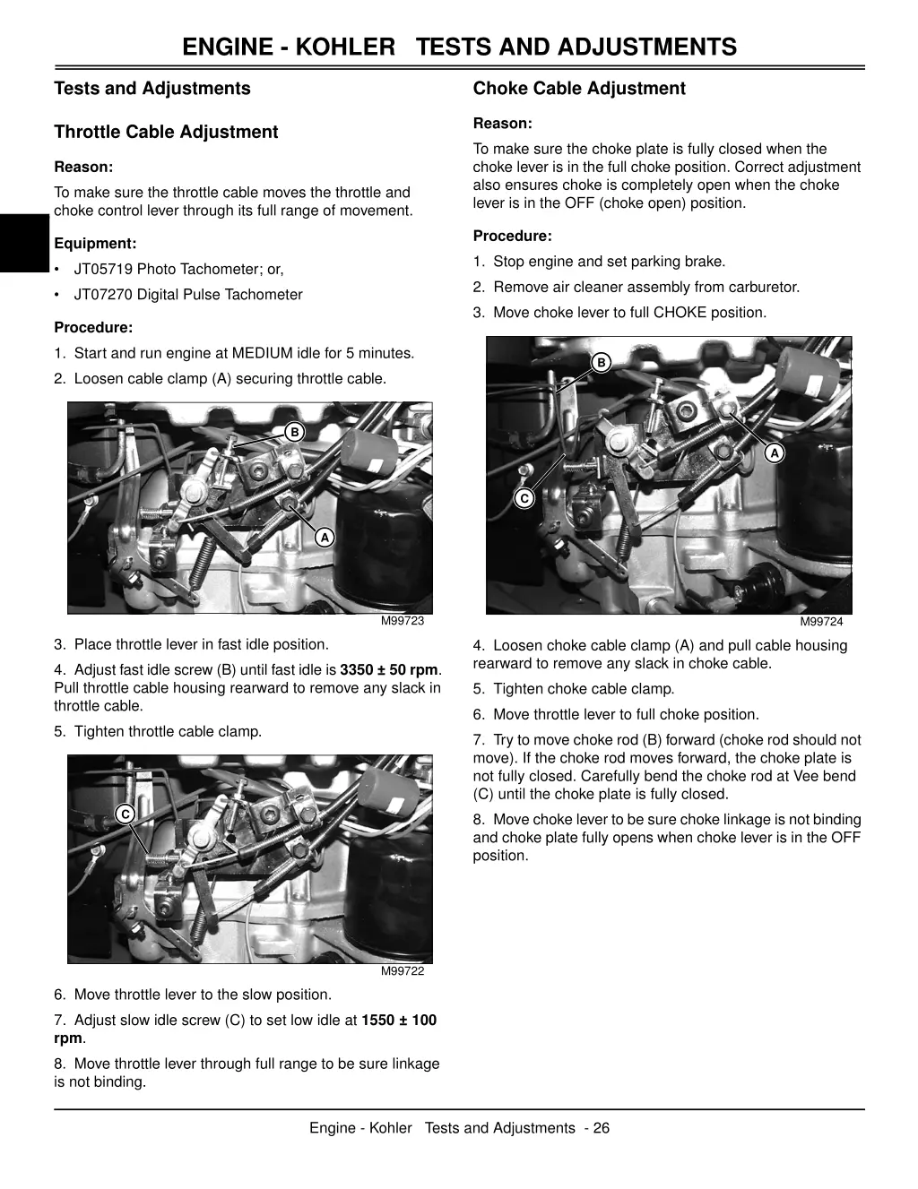 engine kohler tests and adjustments