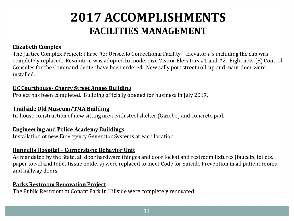 2017 accomplishments facilities management