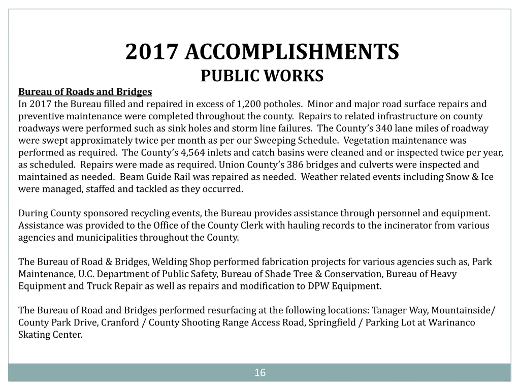 2017 accomplishments public works bureau of roads