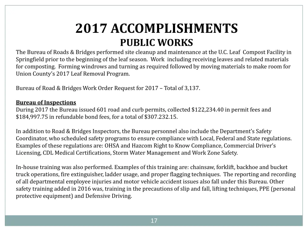 2017 accomplishments public works the bureau