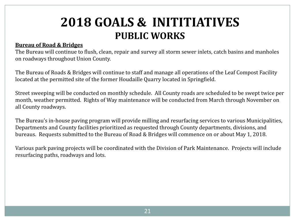 2018 goals inititiatives public works bureau