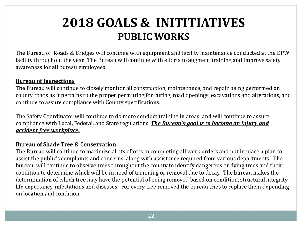 2018 goals inititiatives public works