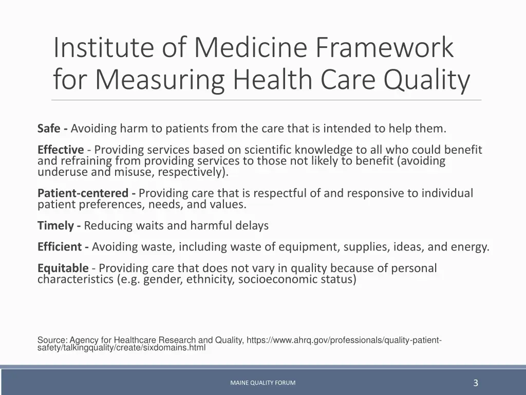 institute of medicine framework for measuring