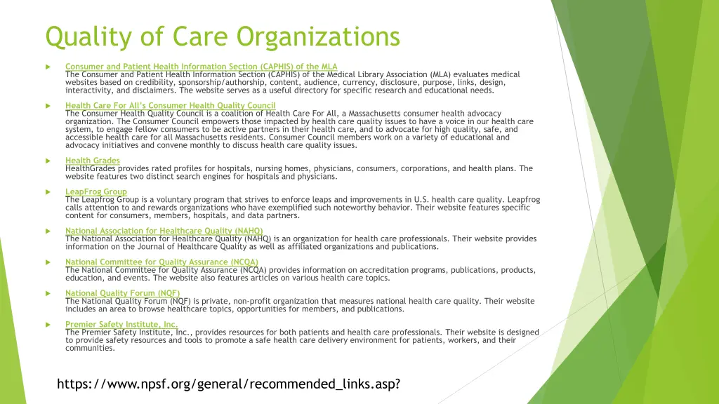 quality of care organizations