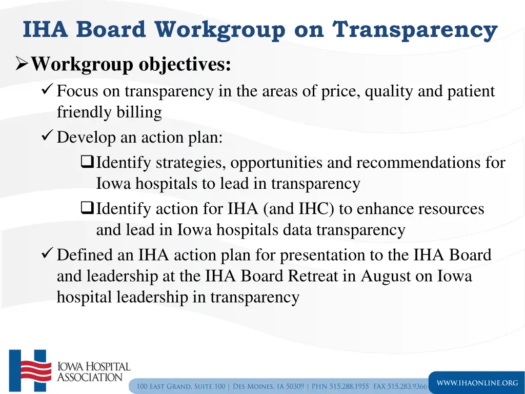 iha board workgroup on transparency workgroup