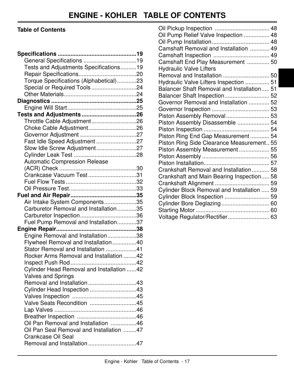 engine kohler table of contents