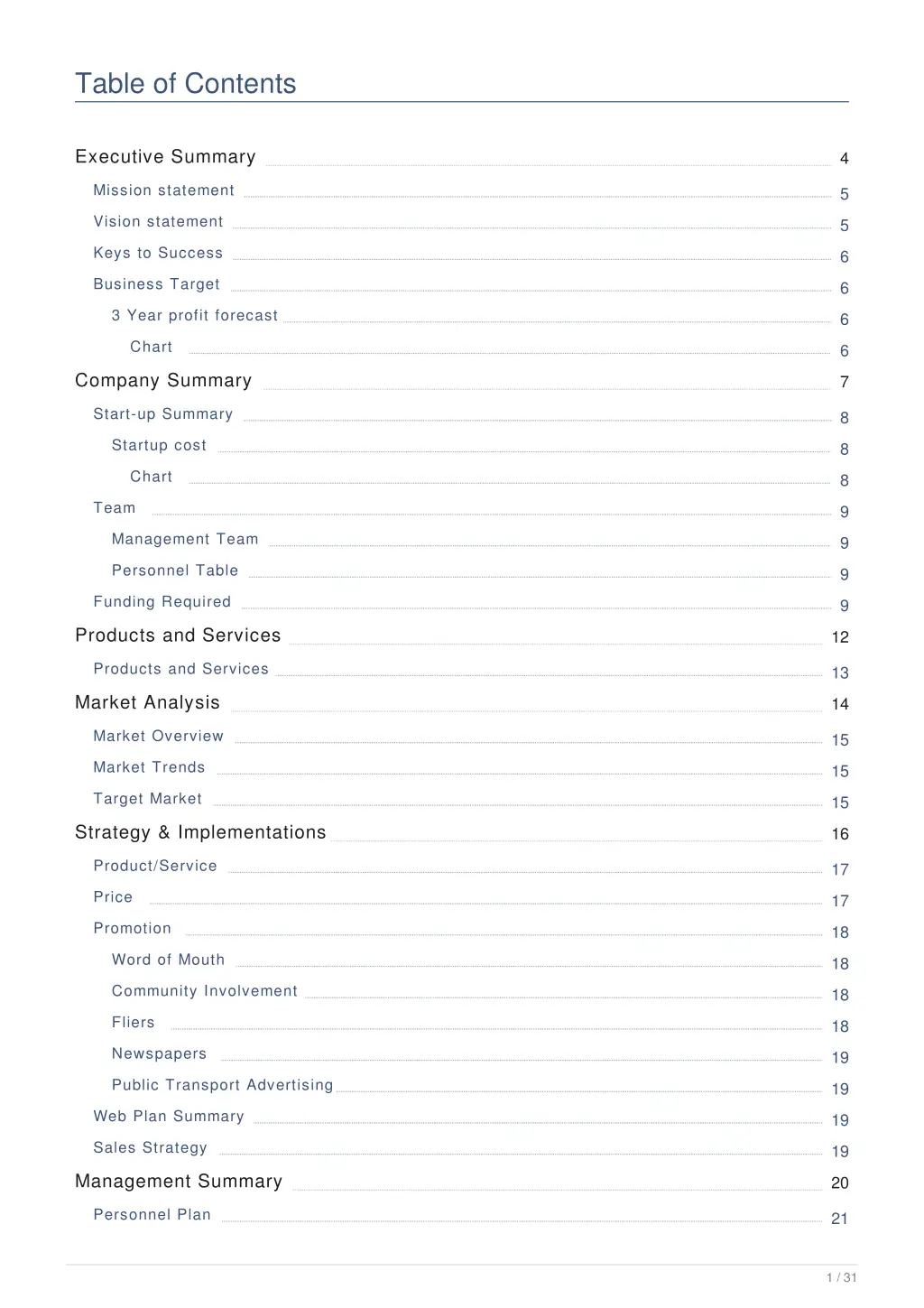 table of contents