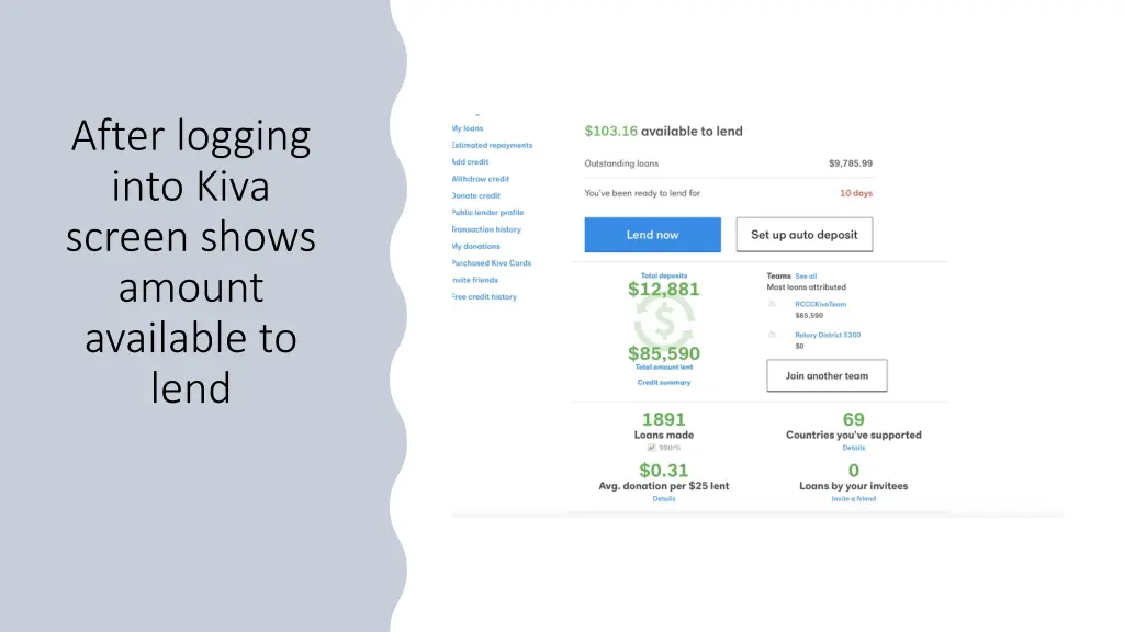 after logging into kiva screen shows amount