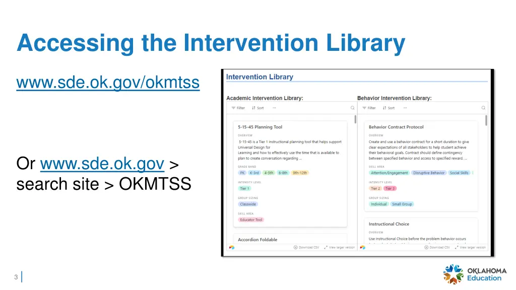 accessing the intervention library