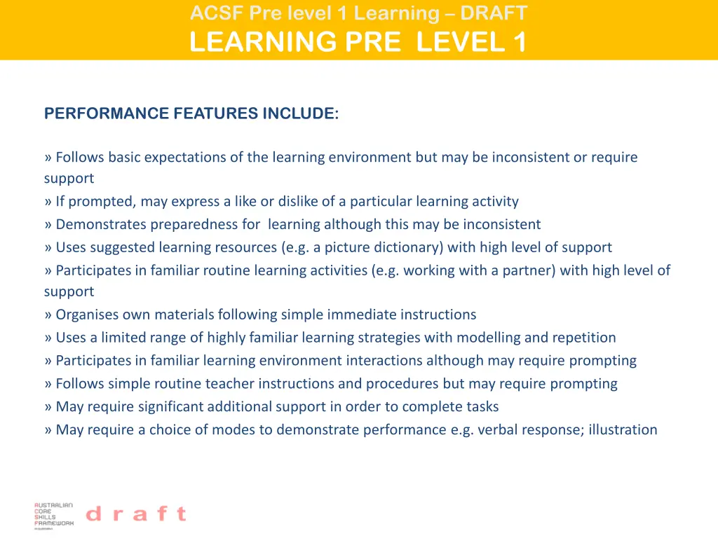 acsf pre level 1 learning draft learning