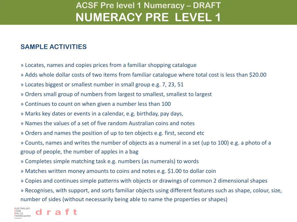 acsf pre level 1 numeracy draft numeracy 1