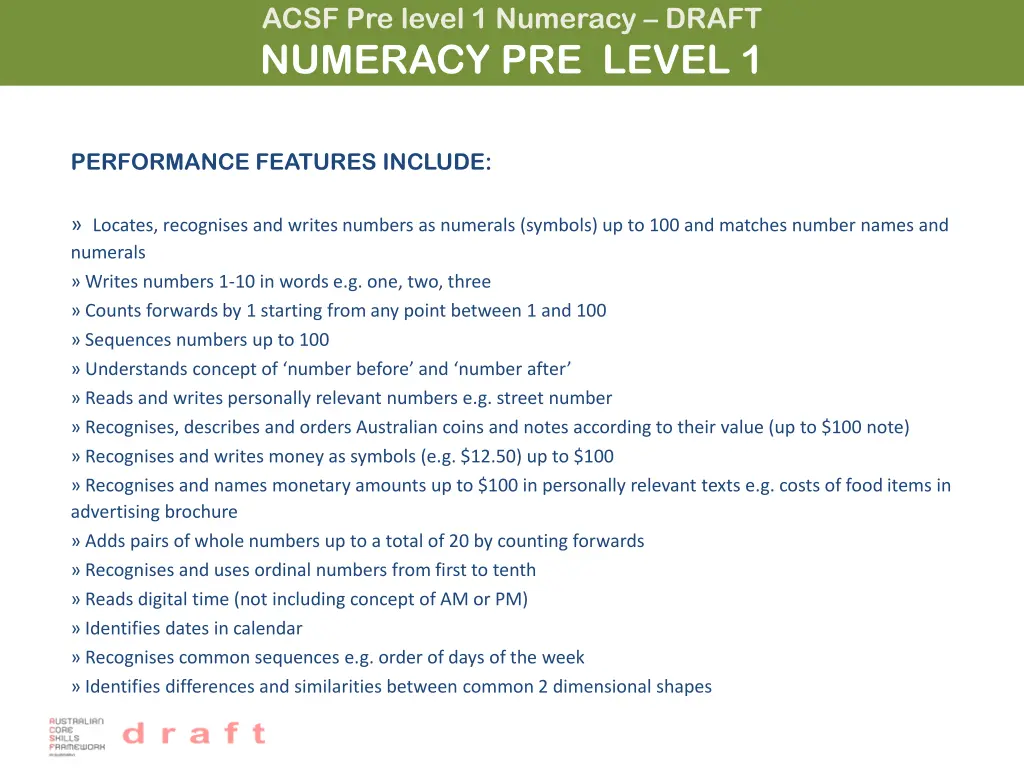 acsf pre level 1 numeracy draft numeracy