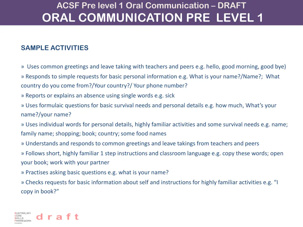 acsf pre level 1 oral communication draft oral 1