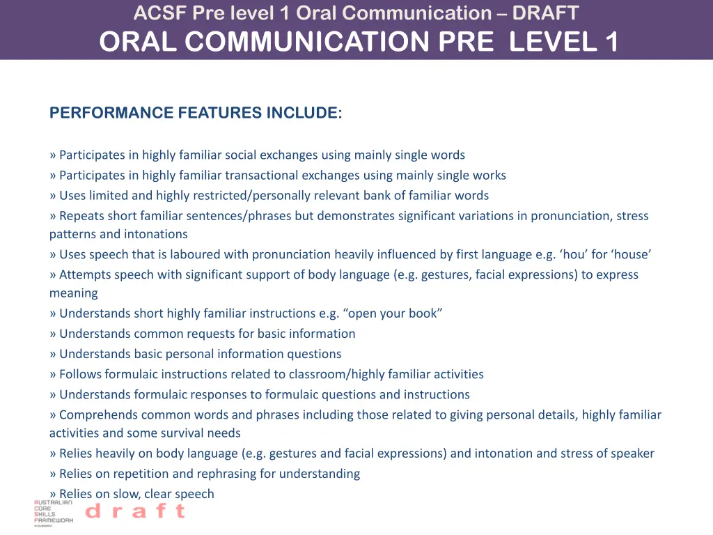 acsf pre level 1 oral communication draft oral