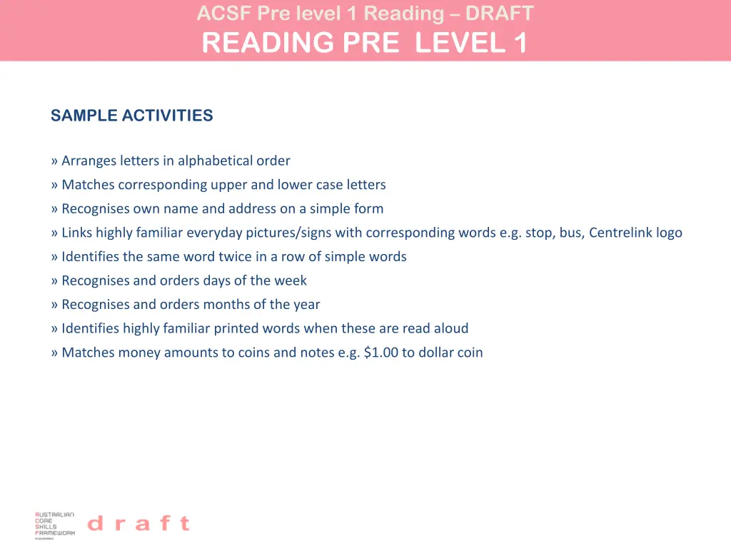 acsf pre level 1 reading draft reading pre level 1 1