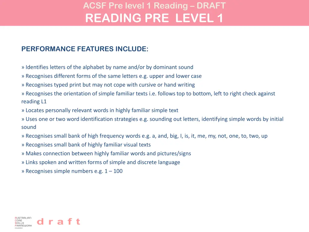 acsf pre level 1 reading draft reading pre level 1