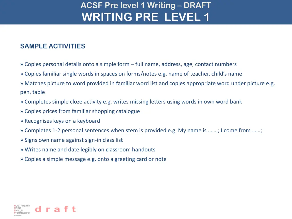 acsf pre level 1 writing draft writing pre level 1 1