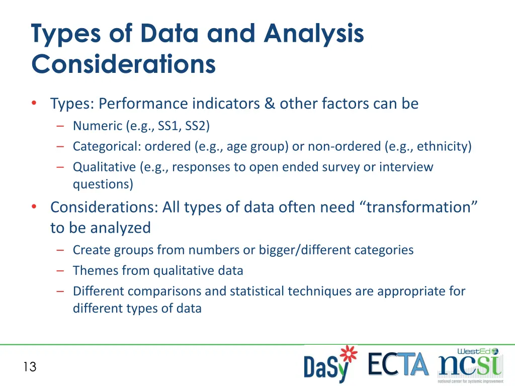 types of data and analysis considerations