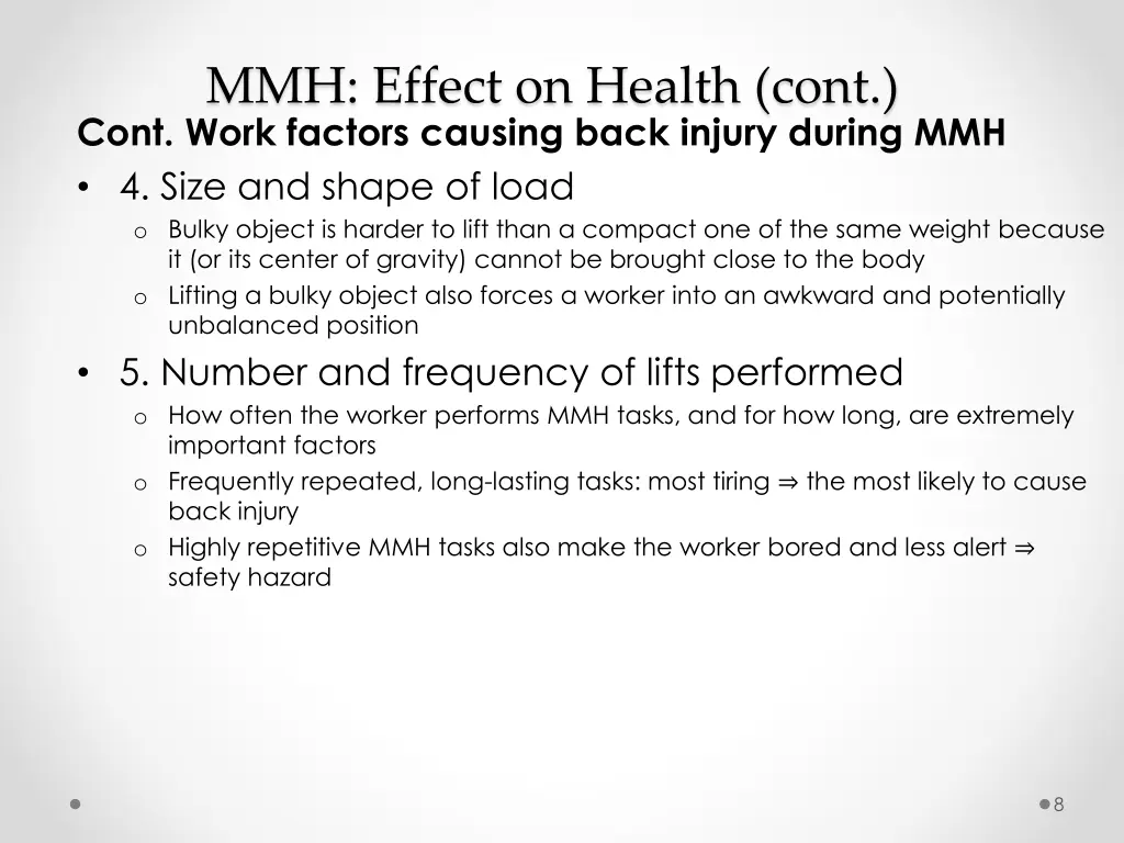 mmh effect on health cont cont work factors