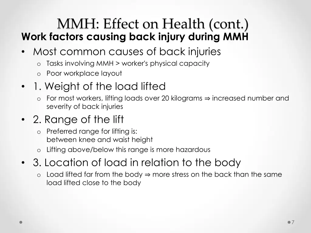 mmh effect on health cont work factors causing