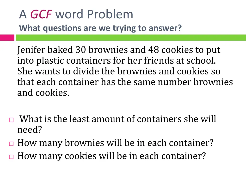 a gcf word problem what questions are we trying