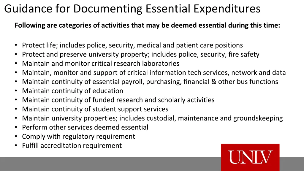 guidance for documenting essential expenditures 1