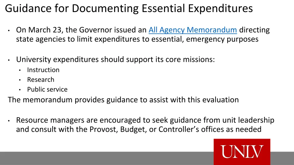 guidance for documenting essential expenditures