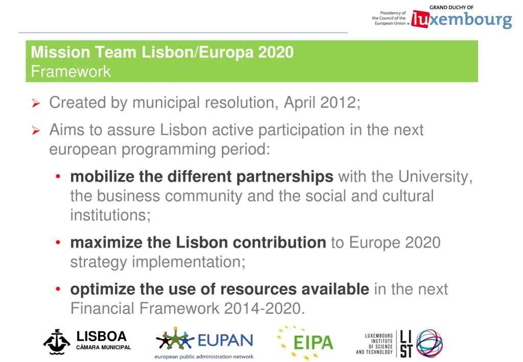 mission team lisbon europa 2020 framework