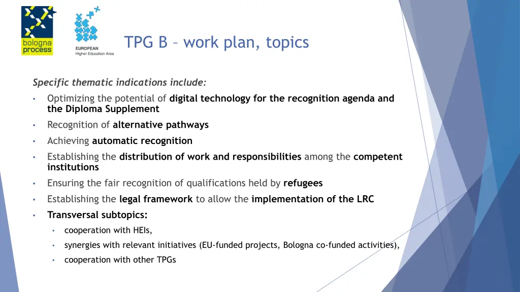 tpg b work plan topics