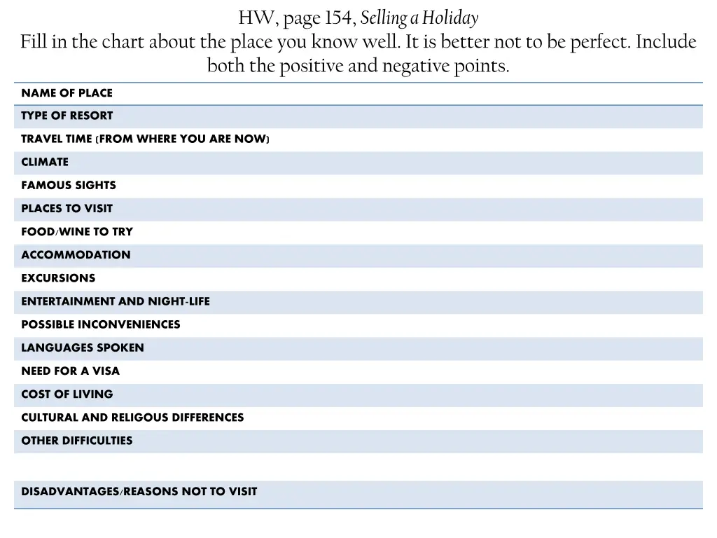 hw page 154 selling a holiday