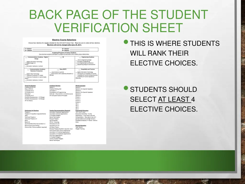 back page of the student verification sheet