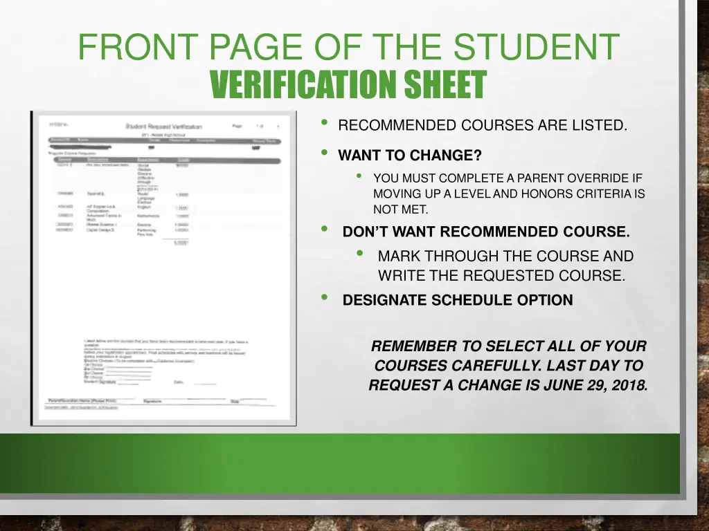 front page of the student verification sheet