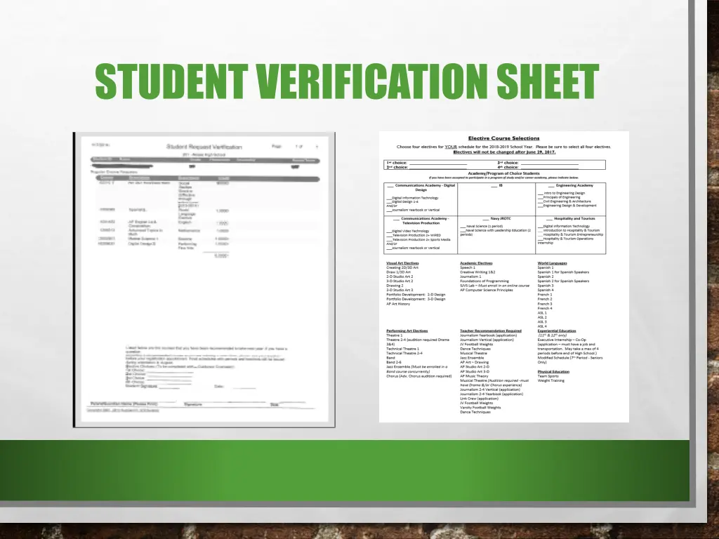 student verification sheet