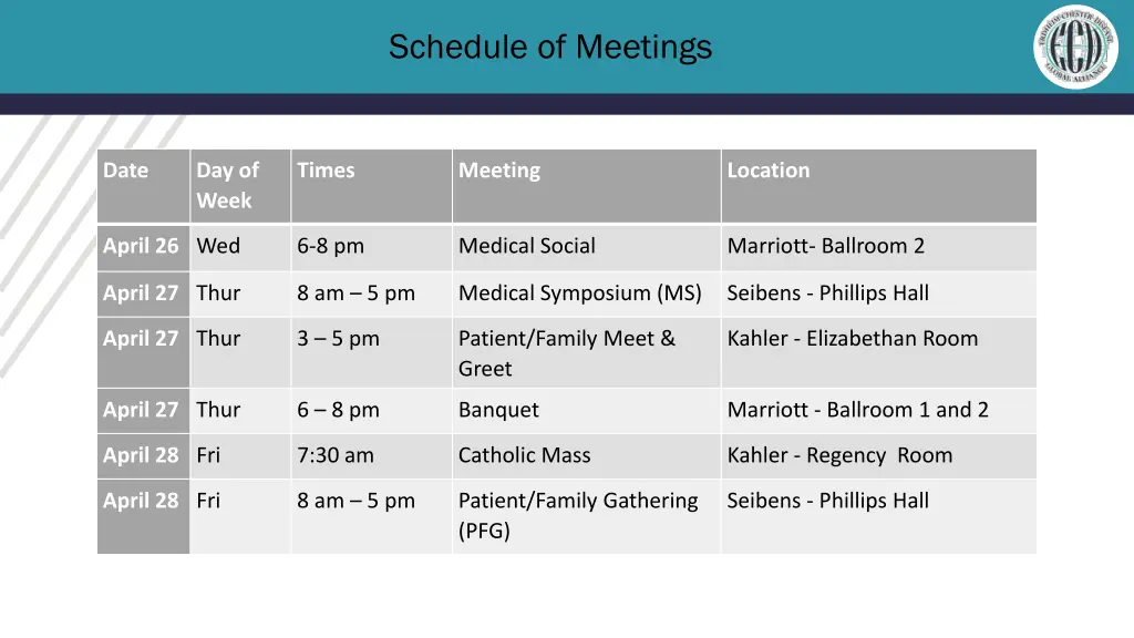 schedule of meetings