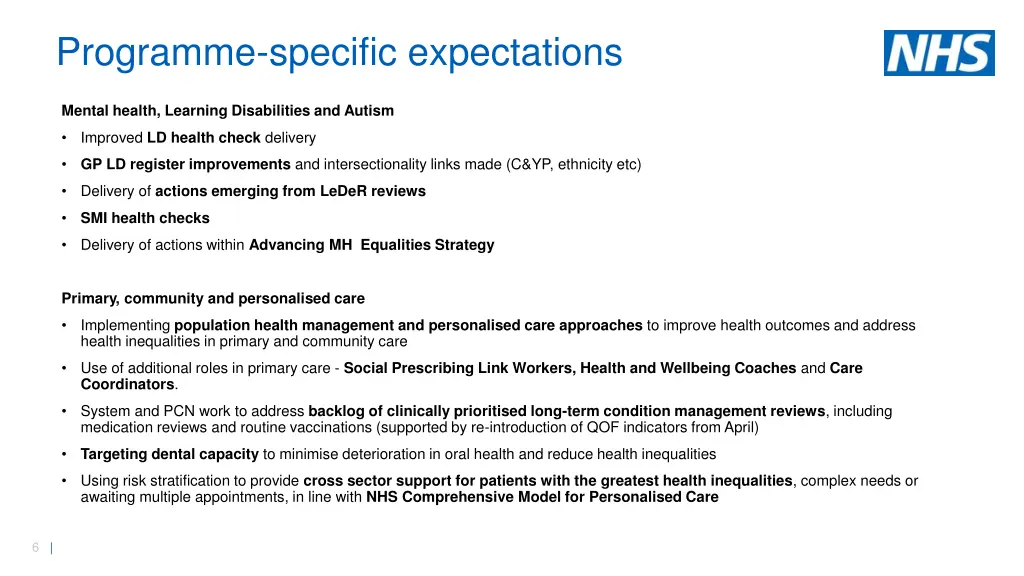 programme specific expectations