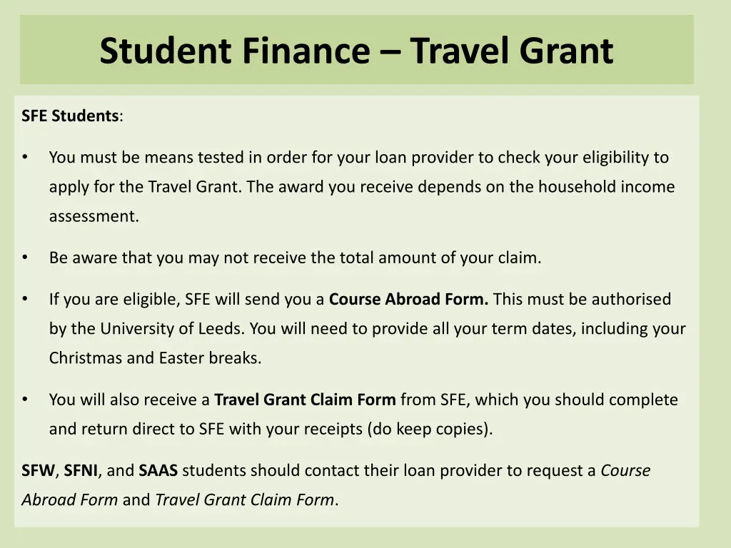 student finance travel grant