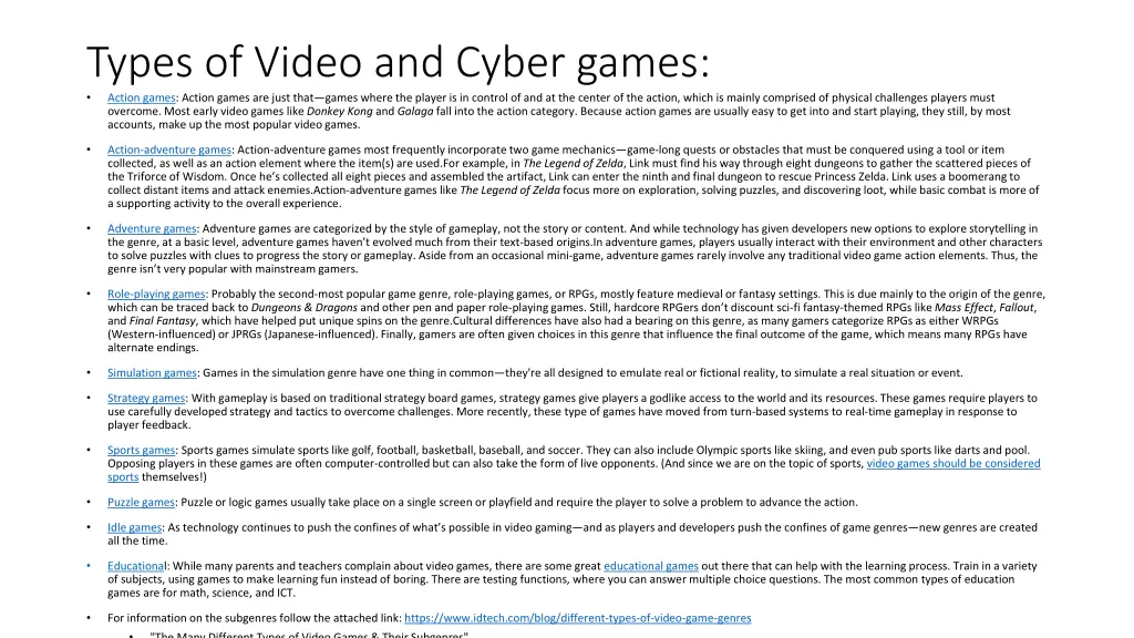 types of video and cyber games action games