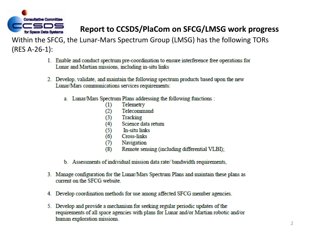 report to ccsds placom on sfcg lmsg work progress 1