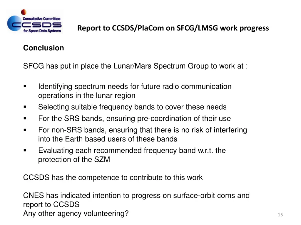 report to ccsds placom on sfcg lmsg work progress 10