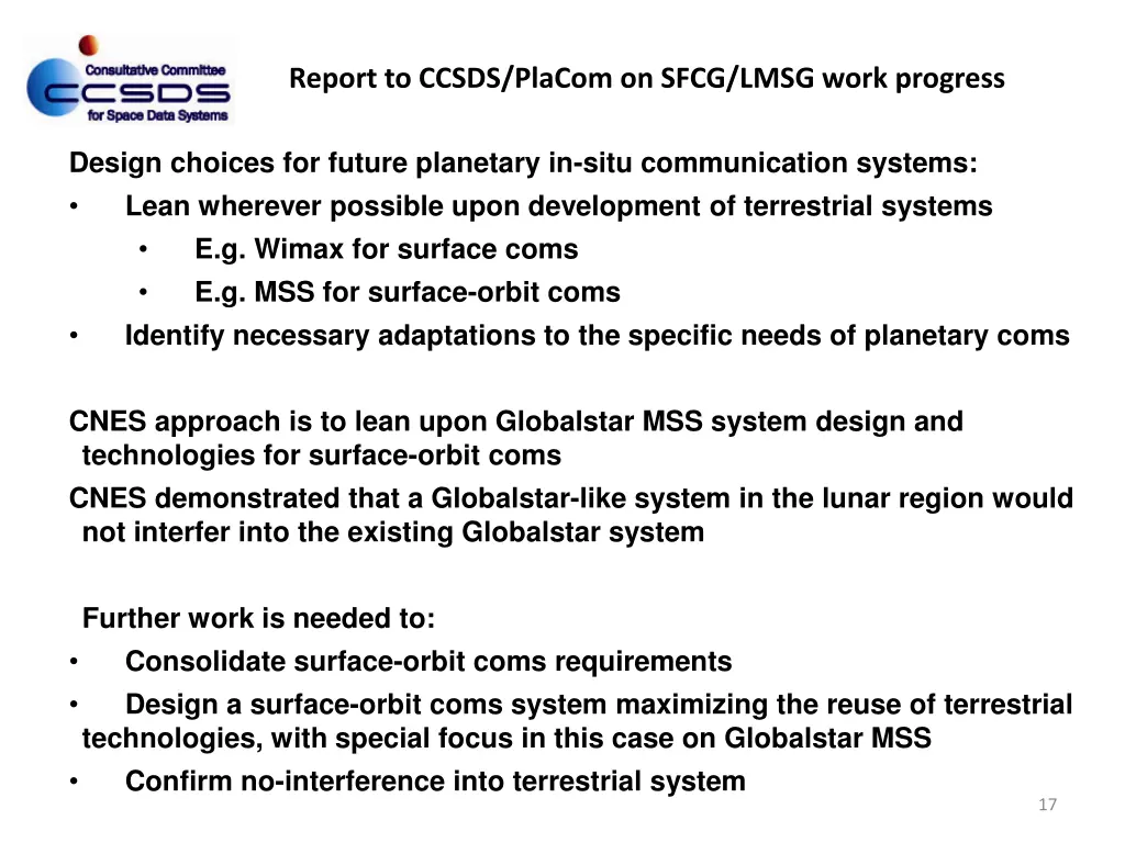 report to ccsds placom on sfcg lmsg work progress 12