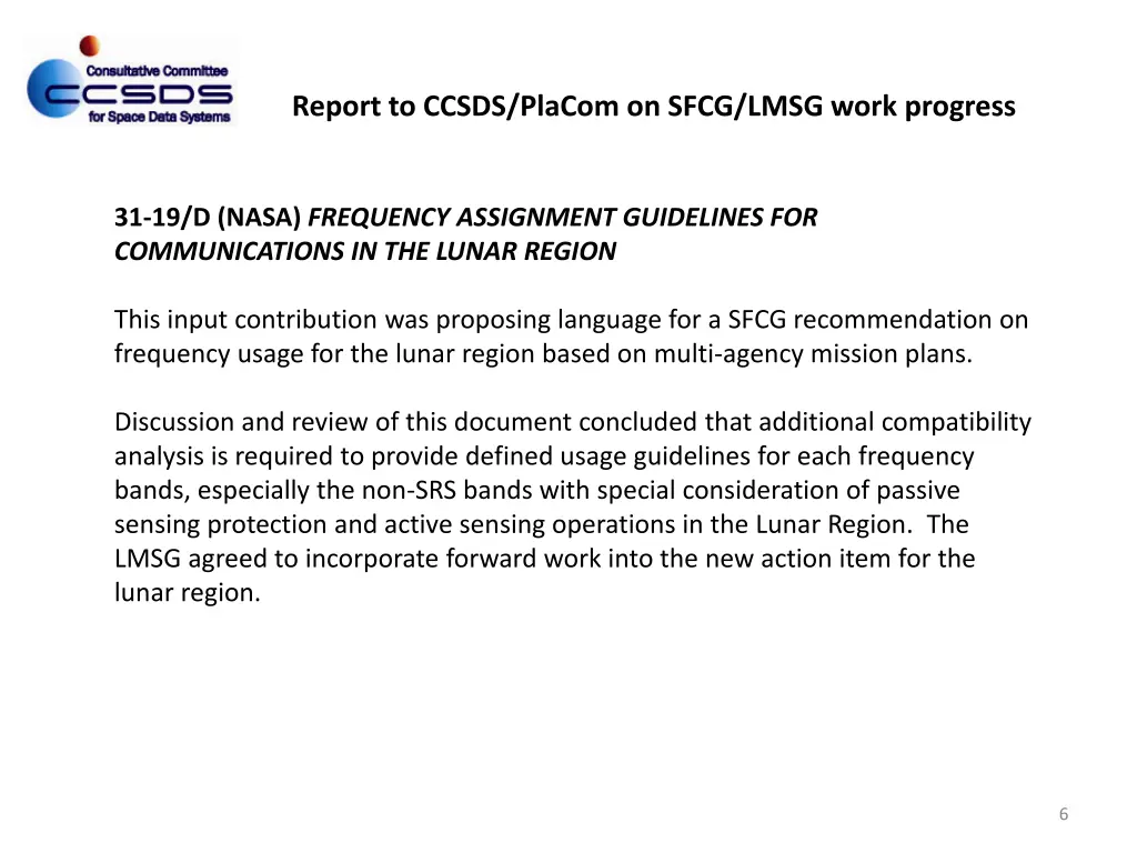 report to ccsds placom on sfcg lmsg work progress 5