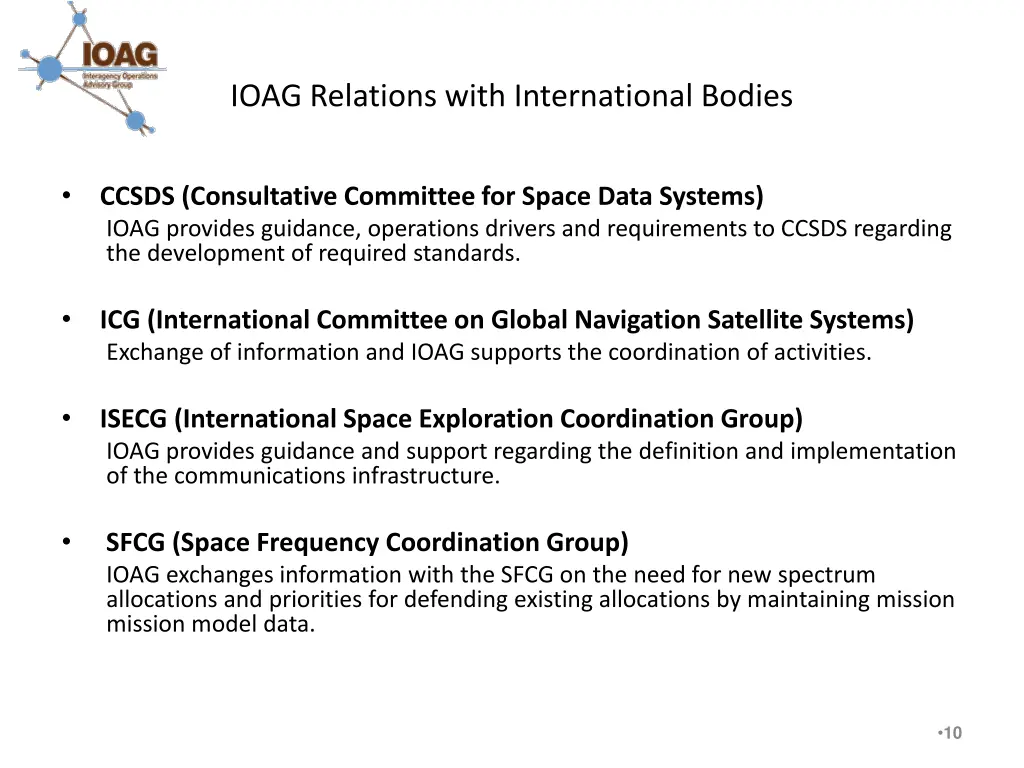 ioag relations with international bodies